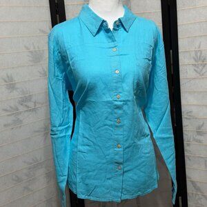 Candace Cameron Bure Linen Shirt Medium Blue Button Down Petite Coastal Boho
